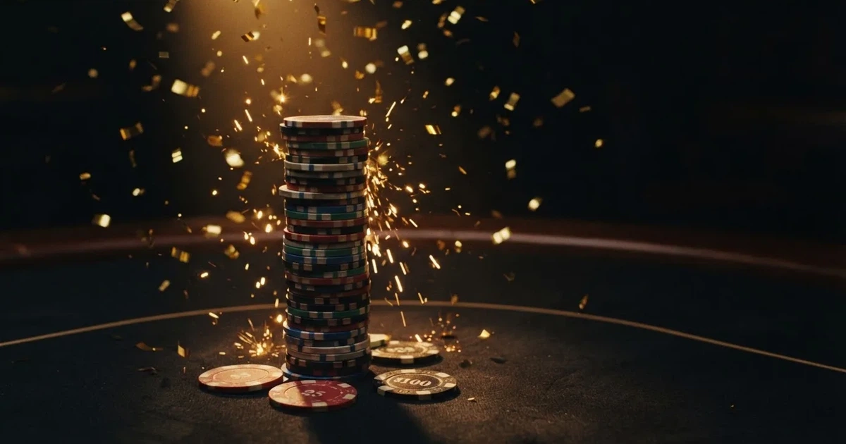 Kultainen konfetti putoaa pelimerkkien päälle mustalla pöydällä, valokeila osuu pinon huipulle — casino ilmaiskierros