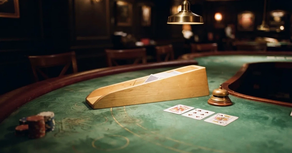Vihreä huopa ja pitkä puinen korttikenkä pöydän reunalla, vieressä messinkikello — casino ventti