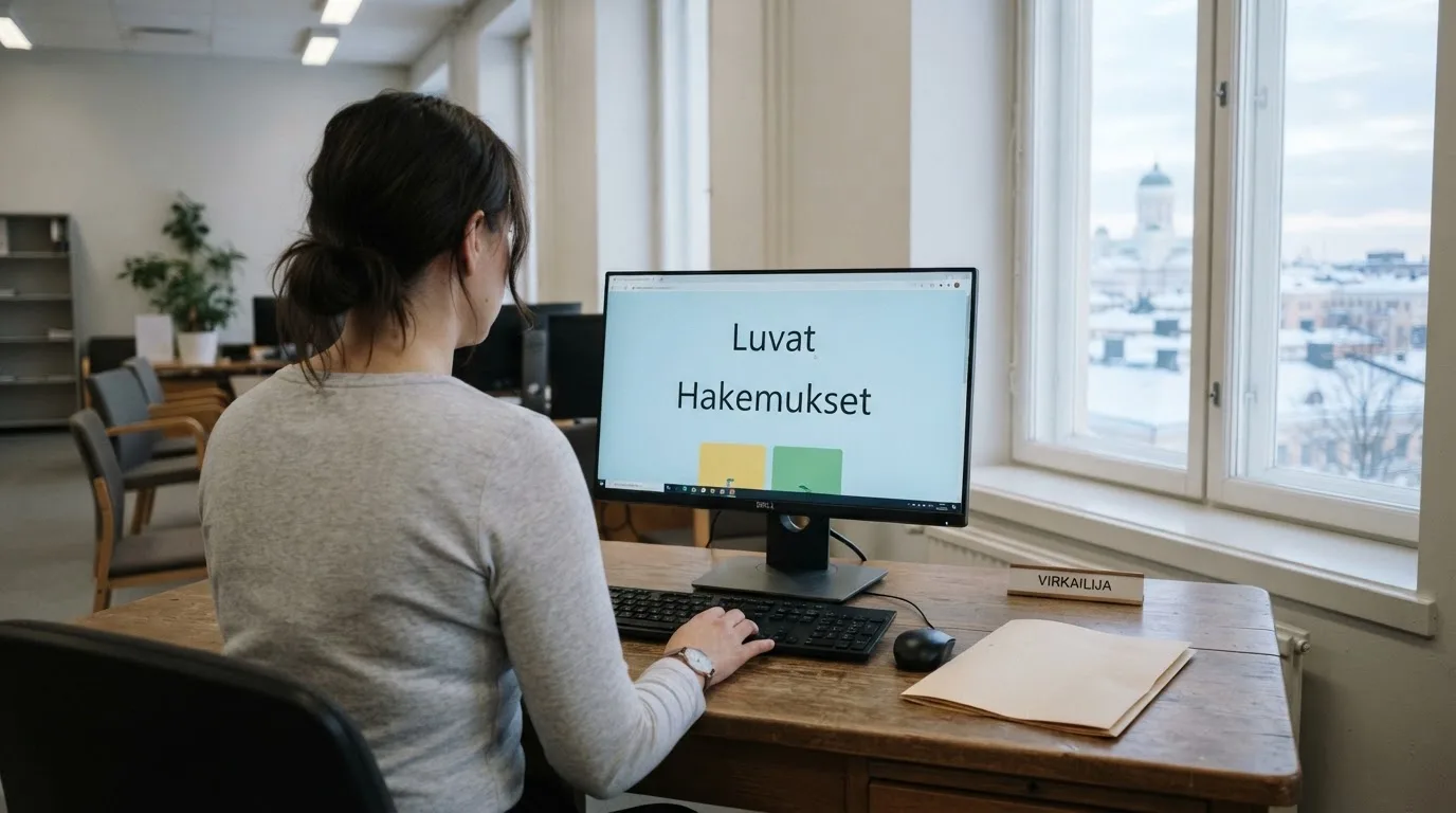 Virkailija istuu vaaleassa virastohuoneessa tietokoneen ääressä, ikkunasta näkyy talvinen kaupunkimaisema.