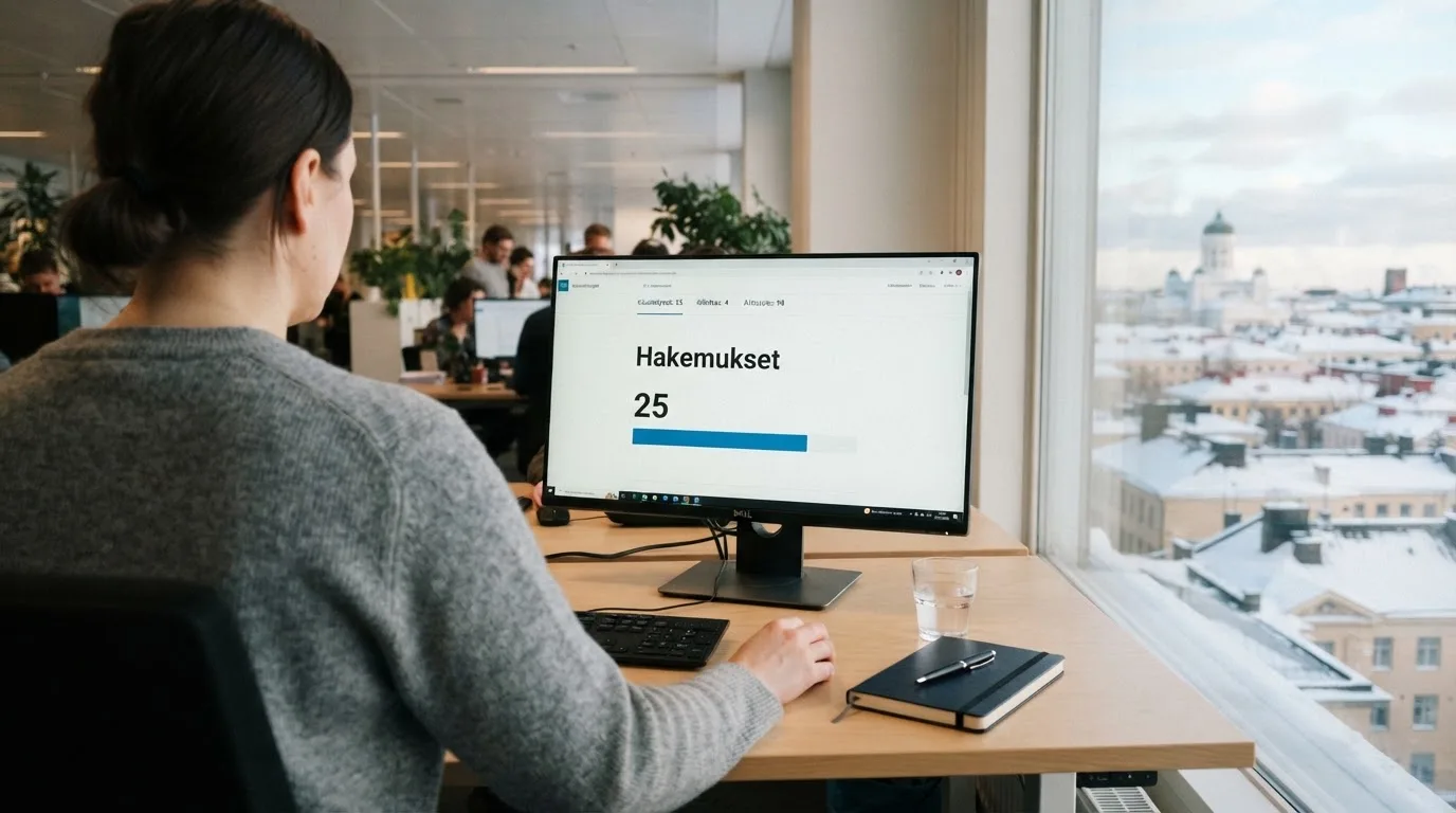 Virkailija istuu vaaleassa virastohuoneessa tietokoneen ääressä, ikkunasta näkyy talvinen kaupunkimaisema.