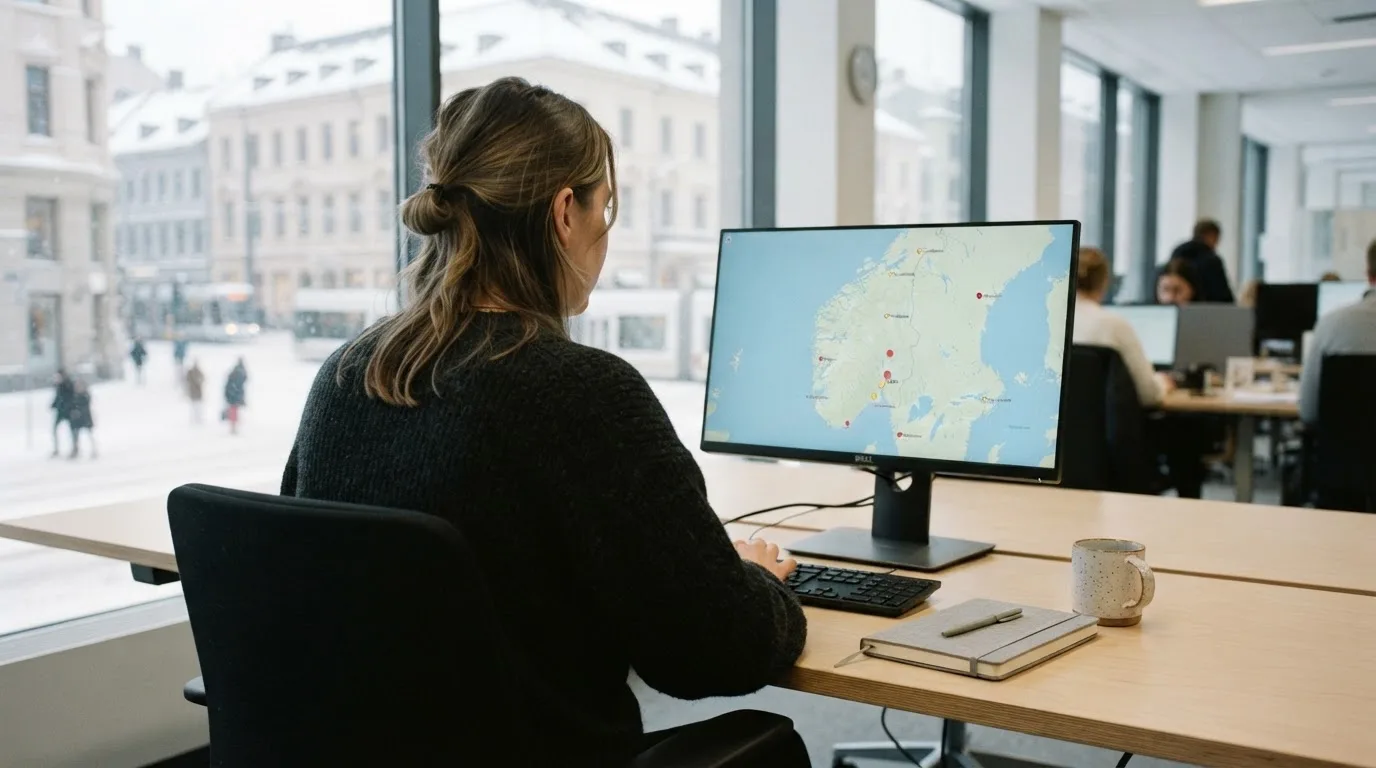 Virkailija istuu vaaleassa virastohuoneessa tietokoneen ääressä, ikkunasta näkyy talvinen kaupunkimaisema.