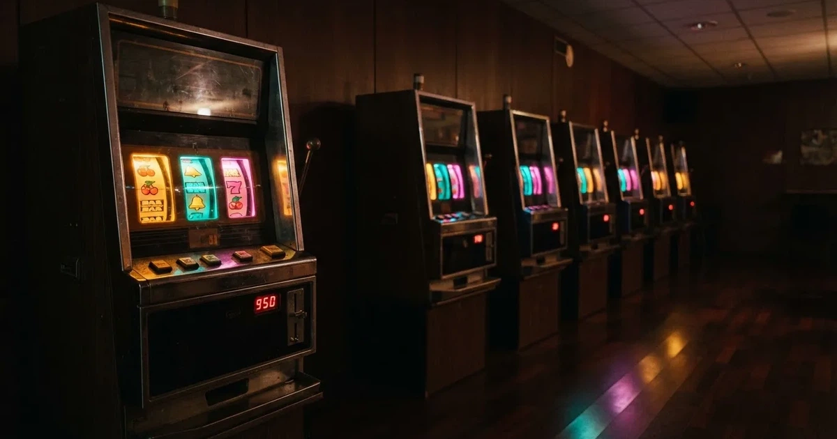 Pelikaappien rivi hämärässä hallissa, jokaisen rullat hohtavat eri väreillä ja lattia heijastaa — kolikkopelit casino pelit