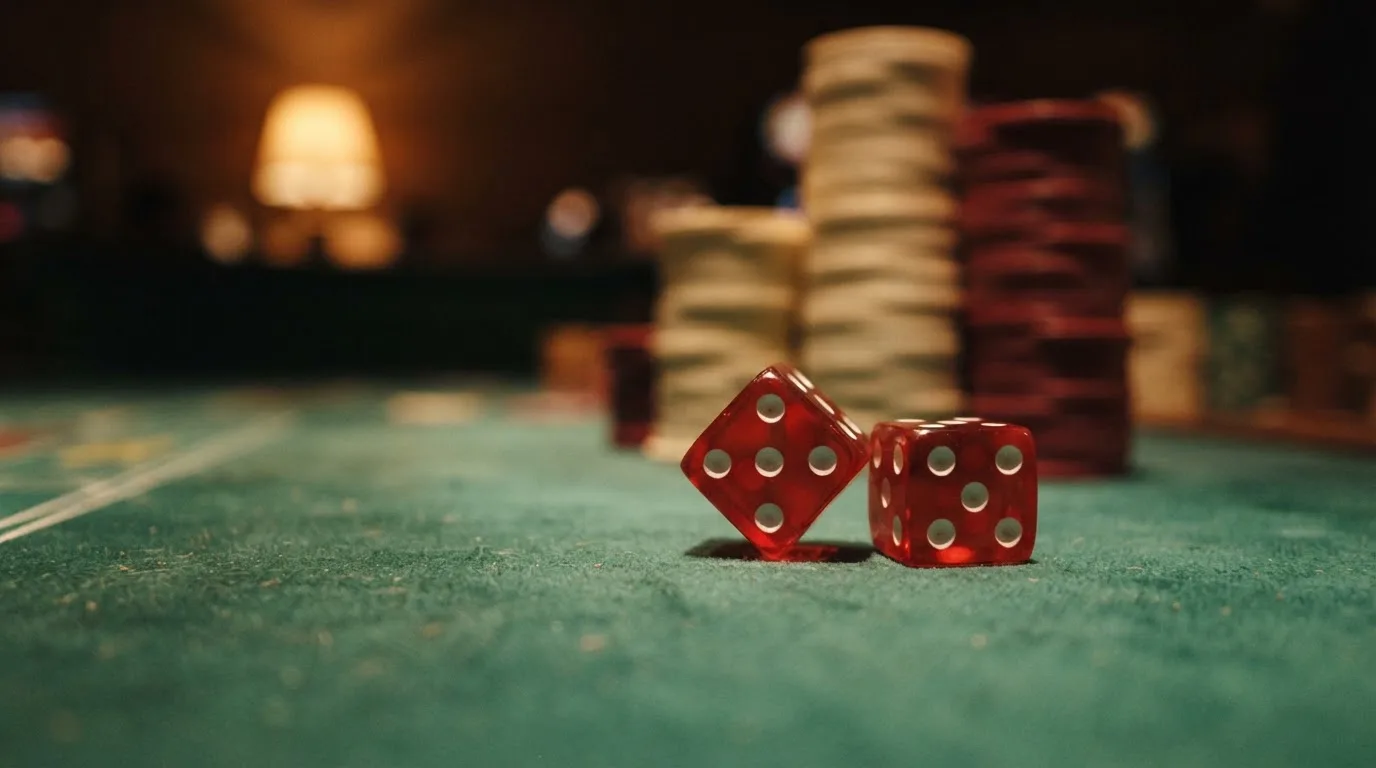 Punaiset nopat lepäävät vihreällä huovalla, taustalla sumeita pelimerkkitorneja iltahämärässä — kolikkopelit casino pelit