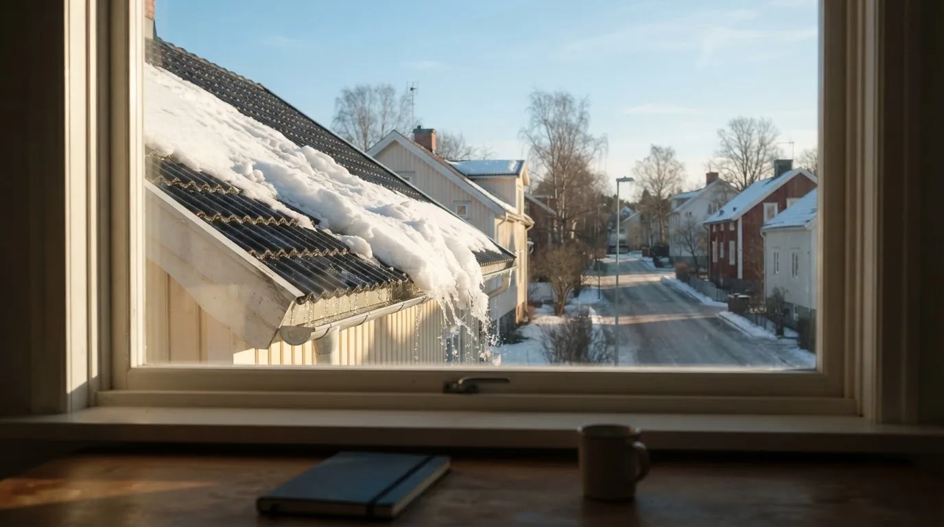 Toimistohuoneen ikkunasta näkyy maaliskuun aamu, lumi sulaa katolla auringonpaisteessa hiljaisella aamulla.