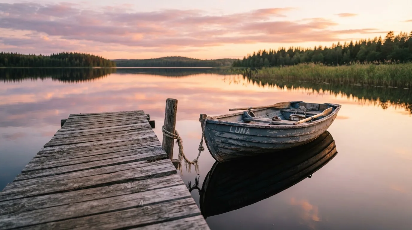 Laituri tyynellä järvellä auringonlaskussa, vanha soutuvene kiinnitettynä ja vedessä pilvien heijastus — luotettavat suomalaiset kasinot