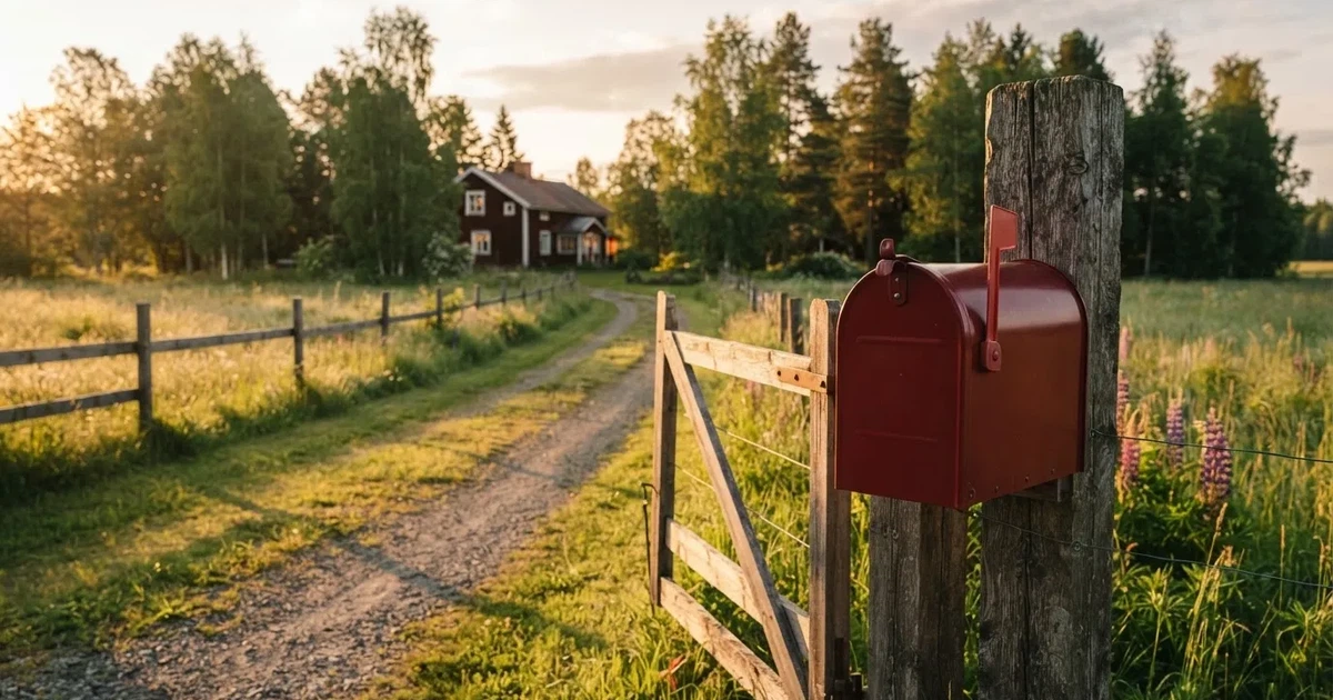 Punainen postilaatikko maalaistalon portilla kesäillassa, ruoho on kasteessa ja varjot pitkiä — nettikasinot minimi talletus