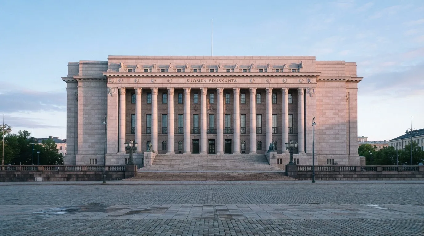 Kivinen valtionhallinnon julkisivu Helsingissä aamunkoitteessa, korkeat pylväät ja tyhjä aukio edessä — parhaat kasinot ilman kierrätystä