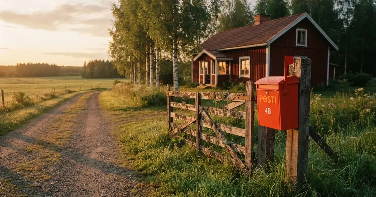 Punainen postilaatikko maalaistalon portilla kesäillassa, ruoho on kasteessa ja varjot pitkiä — parhaat klarna kasinot