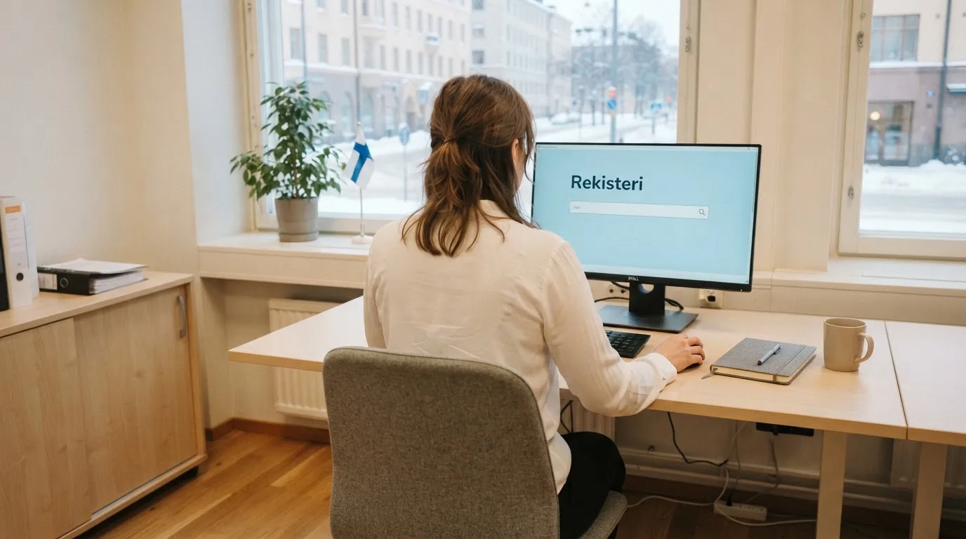 Virkailija istuu vaaleassa virastohuoneessa tietokoneen ääressä, ikkunasta näkyy talvinen kaupunkimaisema.