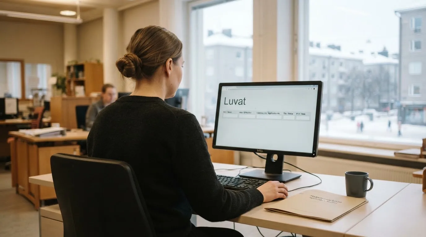 Virkailija istuu vaaleassa virastohuoneessa tietokoneen ääressä, ikkunasta näkyy talvinen kaupunkimaisema.