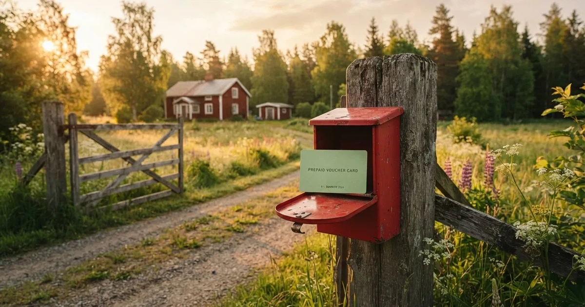 Punainen postilaatikko maalaistalon portilla kesäillassa, ruoho on kasteessa ja varjot pitkiä — parhaat neosurf kasinot