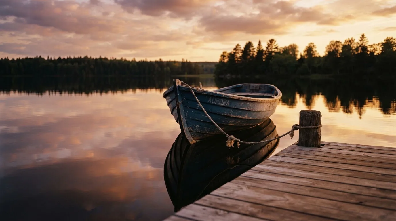 Laituri tyynellä järvellä auringonlaskussa, vanha soutuvene kiinnitettynä ja vedessä pilvien heijastus — parhaat nettirahapelit suomessa