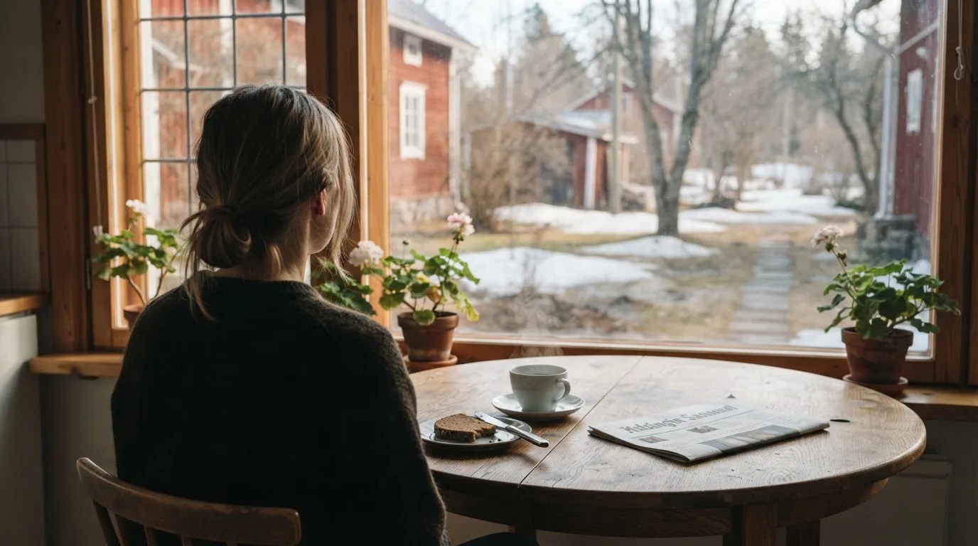 Henkilö istuu keittiön pöydän ääressä teekupin kanssa katsellen ulos ikkunasta rauhallisena aamuna.