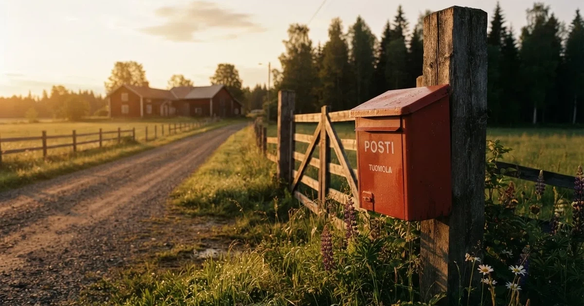 Punainen postilaatikko maalaistalon portilla kesäillassa, ruoho on kasteessa ja varjot pitkiä — parhaat trumo kasinot