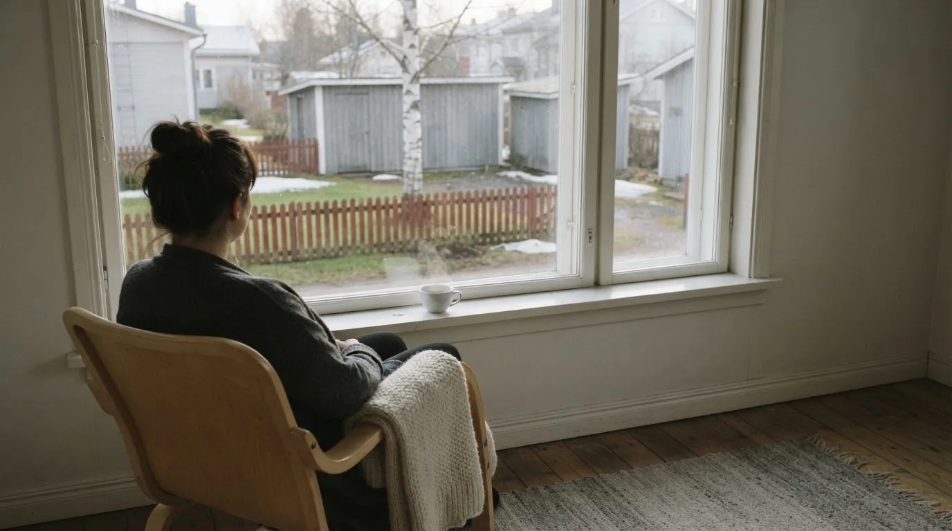 Henkilö istuu ikkunan ääressä teekupin kanssa, katse suunnattuna ulos hiljaiseen pihamaisemaan.