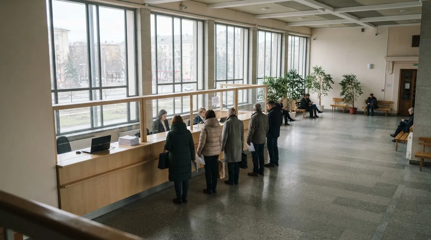 Virastorakennuksen aula, jossa asiakaspalvelutiski ja odottava jono ihmisiä hallinnollisen käsittelyn arjessa.
