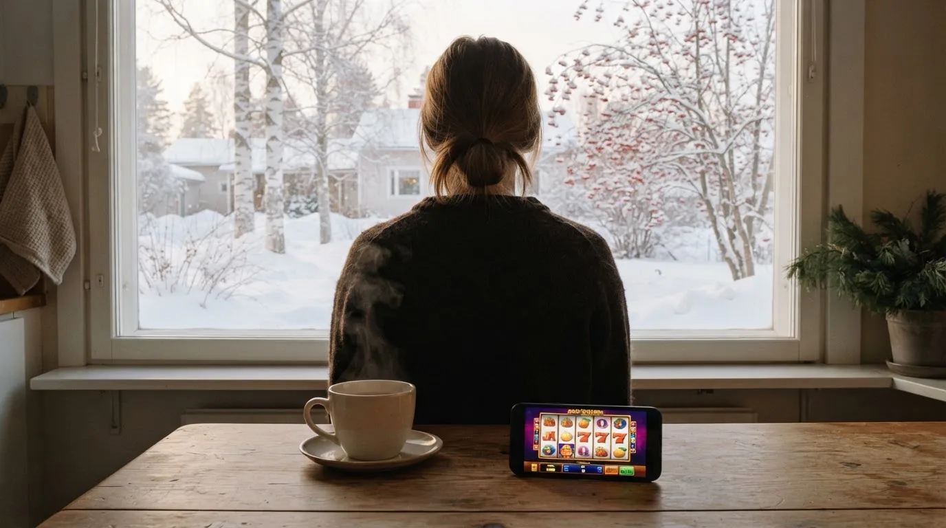 Henkilö istuu keittiön pöydän ääressä teekupin kanssa katsellen ulos ikkunasta rauhallisena aamuna.