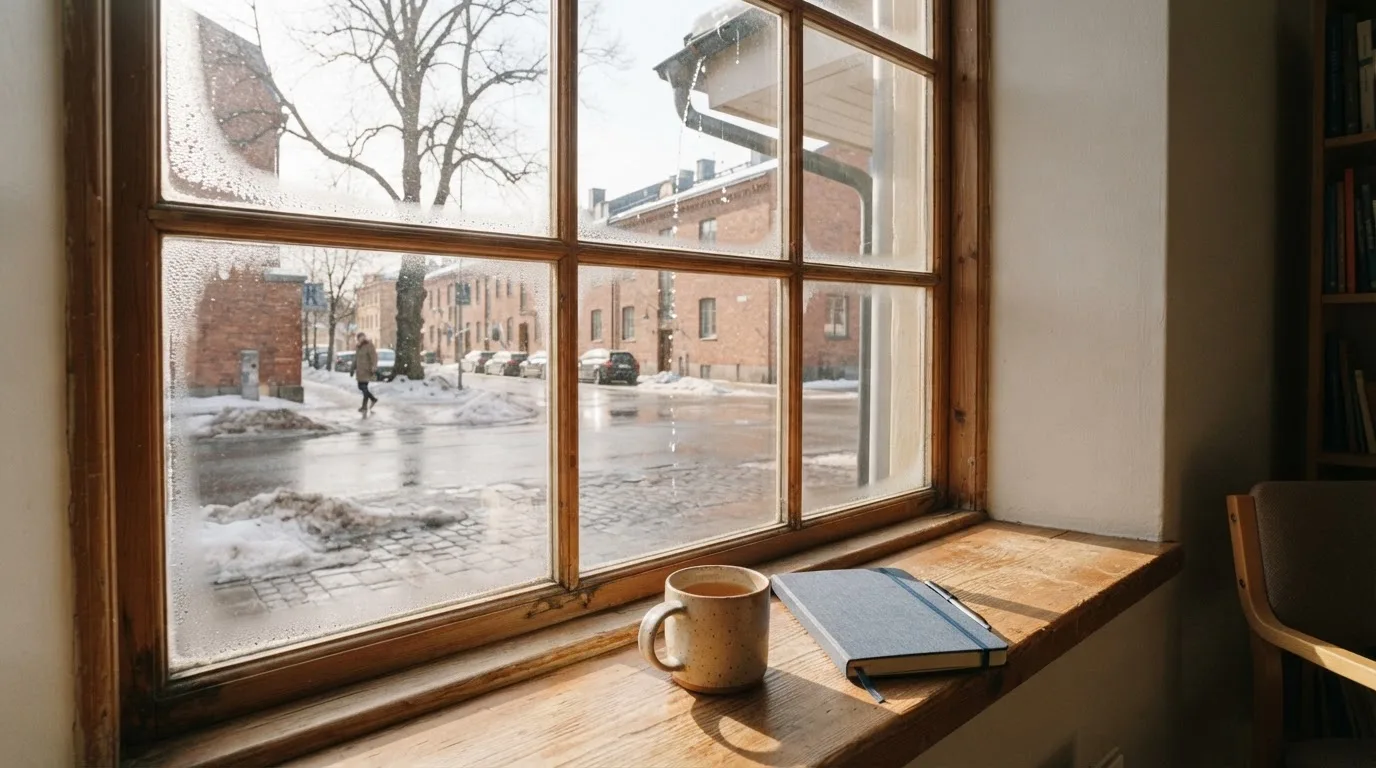 Toimistohuoneen ikkunasta näkyy maaliskuun aamu, lumi sulaa hiljaa kadulla auringon lämmittäessä.
