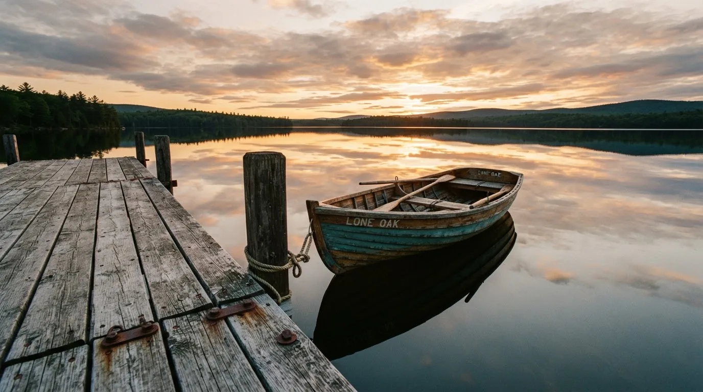 Laituri tyynellä järvellä auringonlaskussa, vanha soutuvene kiinnitettynä ja vedessä pilvien heijastus — turvallisimmat oikean rahan nettikasinot