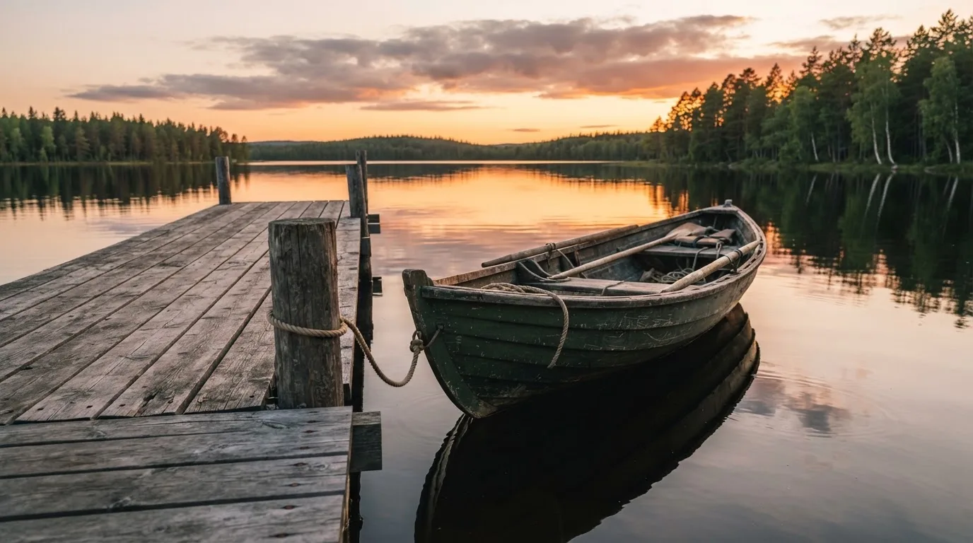Laituri tyynellä järvellä auringonlaskussa, vanha soutuvene kiinnitettynä ja vedessä pilvien heijastus — varma voitto kasino